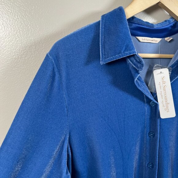 Soft Surroundings Velvet Boyfriend Shirt Size Medium Petite Coastal Blue Buttons - Picture 6 of 10